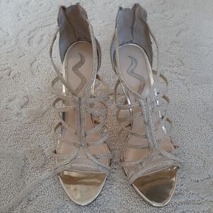 Nima Gold Sparkle 4 inch Strappy Heels Size 8.5